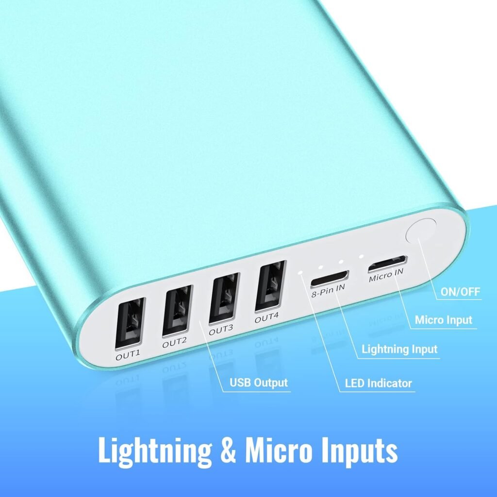 BONAI Portable Charger 20000mAh Power Bank 4 USB Output  Dual Input, Aluminum Polymer External Battery Pack for Road Trip Camping Compatible with iPhone iPad Smartphone Tablet etc. - Mint