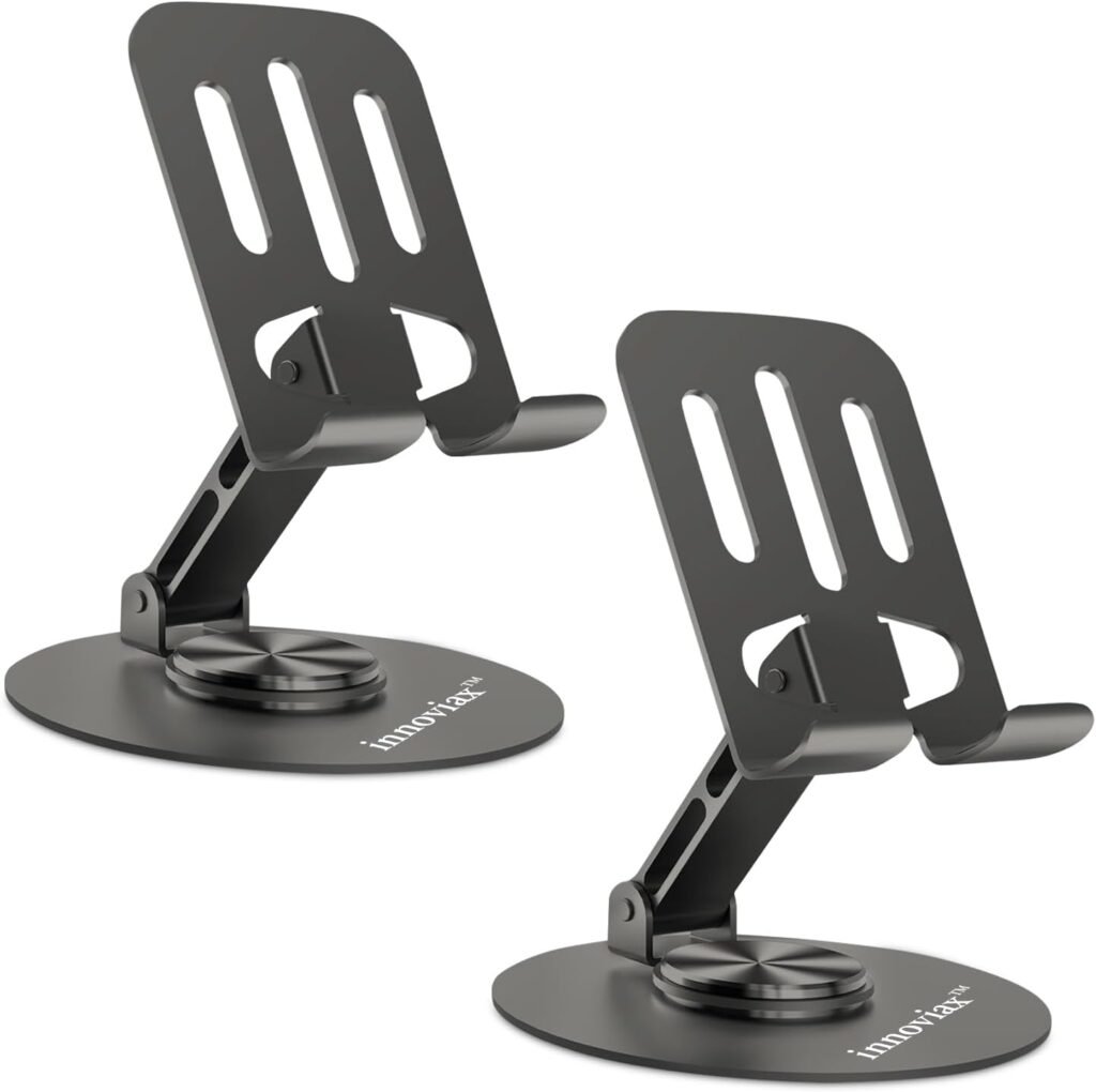 Cell Phone Holder Stand 2 Piece, Adjustable and Foldable Cell Phone Stand Holder for Desk, 360 Rotation Smartphone Holder with Non Slip Pads, Compatible with iPhone, Android Smartphones, Tablets
