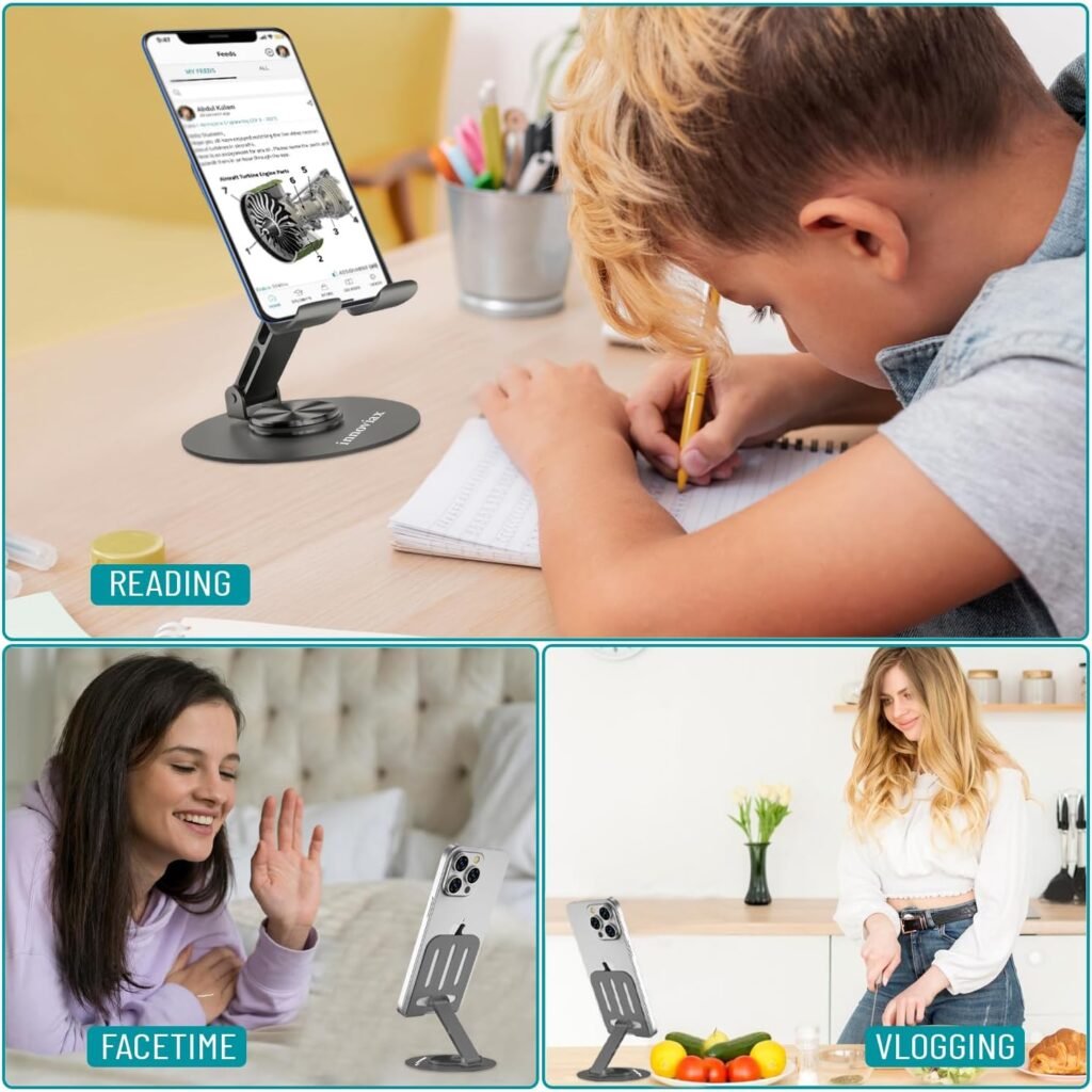 Cell Phone Holder Stand 2 Piece, Adjustable and Foldable Cell Phone Stand Holder for Desk, 360 Rotation Smartphone Holder with Non Slip Pads, Compatible with iPhone, Android Smartphones, Tablets