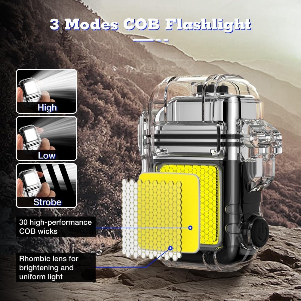 LcFun Waterproof Lighter Outdoor Windproof Lighter Dual Arc Lighter Electric Lighters USB Rechargeable Flameless Plasma Cool Lighters for Camping, Hiking, Adventure, Survival Tactical Gear