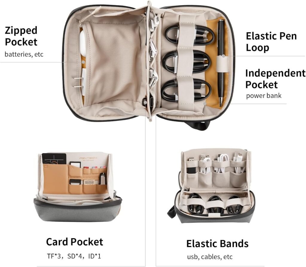 PGYTECH Travel Tech Organizer, Waterproof Tech Pouch, Electronics Accessories Organizer Travel Carrying Case, Cable Organizer Bag for Cables, Cord, Phone Batteries, Charger,Photography SD Card, Black