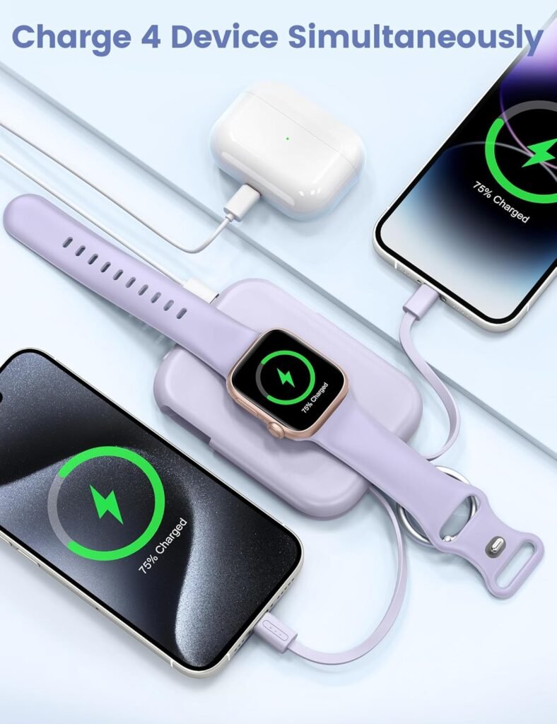 RORRY Portable Charger, 5000mAh Portable Charger Power Bank with Built-in Cables, Travel Keychain Battery Pack for Apple Watch Ultra 2/9/8/Ultra/7/6/SE/5, iPhone 16/15/14/13/12, Pink