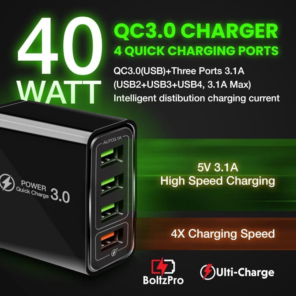 Ulti Charger 4 Ports with Quick Charger Boltz Pro Lightning Fast Charger Fast Charging Block for Smart Phones, Tablets, Devices with Multiple Ports | Wall Charger for Travel  Home