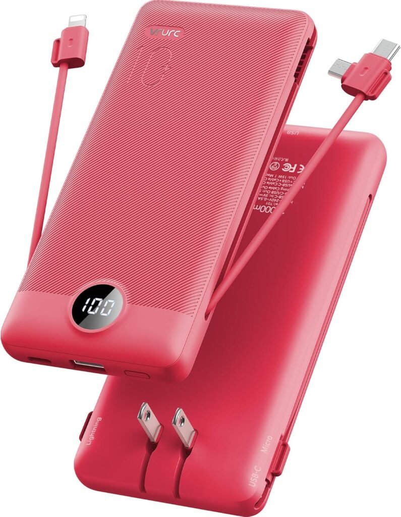 VRURC Portable Charger Built-in Cables and AC Wall Plug, USB C Power Bank 10000mAh, [2023 Upgraded Version] Phone Charger Compact Lightweight External Battery Pack for Smart Phones, Tablets etc-Red
