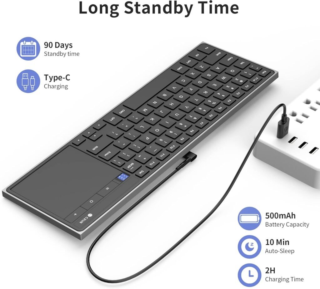 CZUR Rechargeable Bluetooth Keyboard with Touchpad, Portable Computer Keyboard with Trackpad, Wireless Ultra Slim Keyboard for PC/Laptop/Tablet/Phone/Smart TV