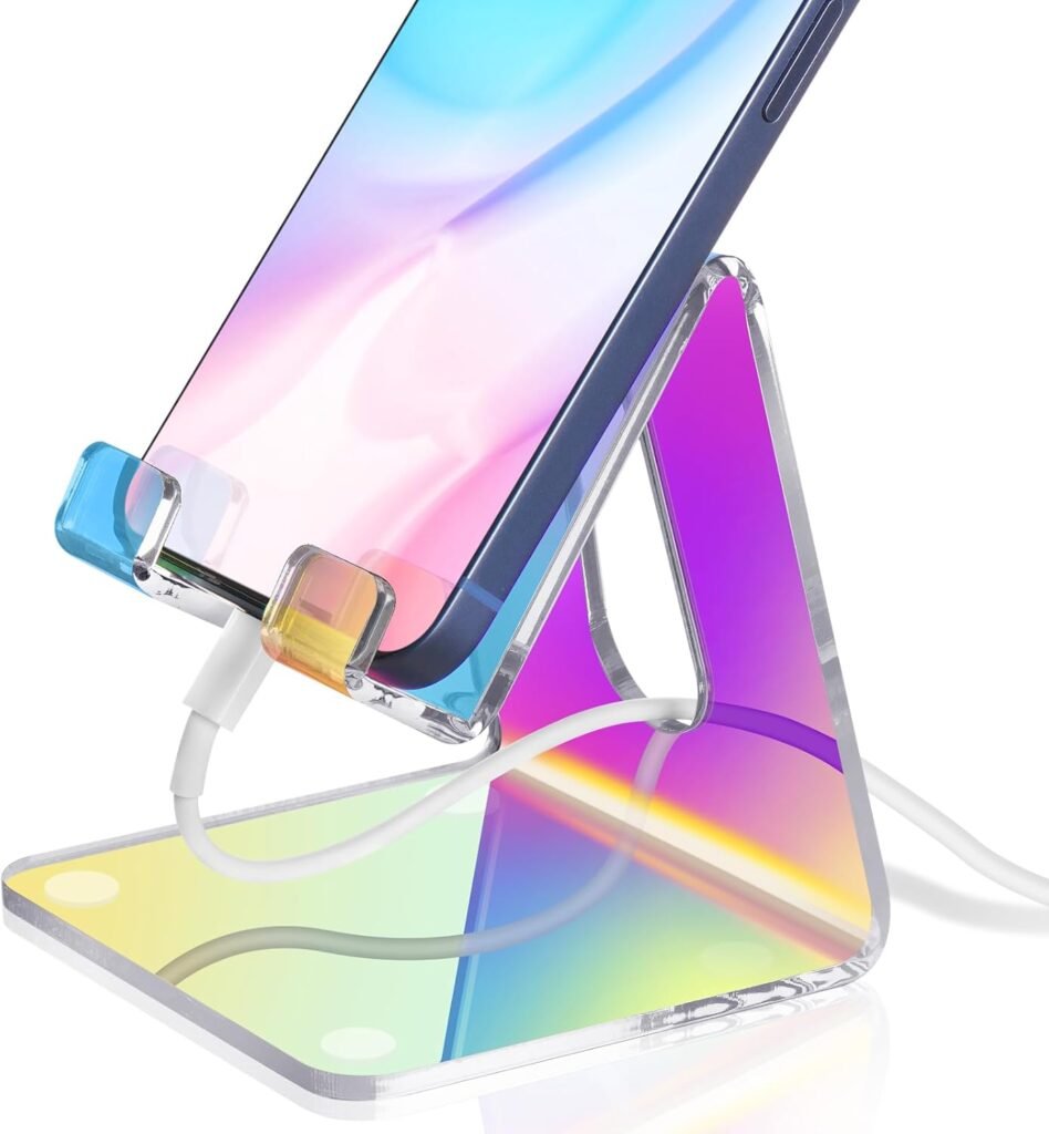 Tomorotec Iridescent Acrylic Cell Phone Stand, Portable Phone Holder for Desk Non-Slip Desktop Smartphones/Tablets Holder Compatible with iPhone Samsung Galaxy Pixel iPad Phone Cradle Dock Home Office